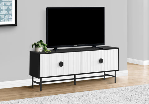 Tv Stand, 60 Inch, Console, Media Entertainment Center, Storage Cabinet, Living Room, Bedroom, Black And White Laminate, Black Metal, Contemporary, Modern