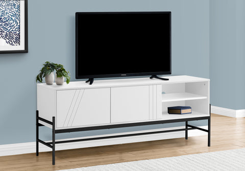 Tv Stand, 60 Inch, Console, Media Entertainment Center, Storage Cabinet, Living Room, Bedroom, White Laminate, Black Metal, Contemporary, Modern