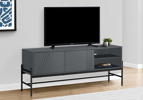 Tv Stand, 60 Inch, Console, Media Entertainment Center, Storage Cabinet, Living Room, Bedroom, Grey Laminate, Black Metal, Contemporary, Modern