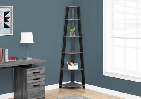 Bookshelf, Bookcase, Etagere, Corner, 5 Tier, 72"H, Office, Bedroom, Grey And Black Laminate, Contemporary, Modern
