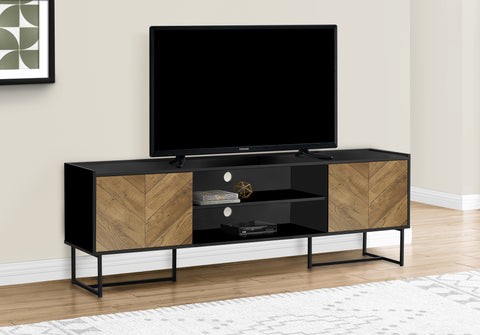 Tv Stand, 72 Inch, Console, Media Entertainment Center, Storage Cabinet, Living Room, Bedroom, Brown And Black Laminate, Black Metal, Contemporary, Modern