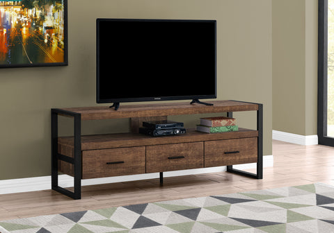 Tv Stand, 60 Inch, Console, Media Entertainment Center, Storage Drawers, Living Room, Bedroom, Brown Laminate, Black Metal, Contemporary, Modern