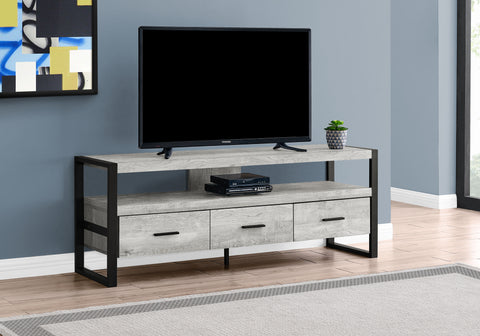Tv Stand, 60 Inch, Console, Media Entertainment Center, Storage Drawers, Living Room, Bedroom, Grey Laminate, Black Metal, Contemporary, Modern