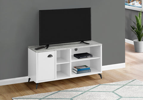 Tv Stand, 48 Inch, Console, Media Entertainment Center, Storage Cabinet, Living Room, Bedroom, White And Grey Laminate, Black Metal, Contemporary, Modern