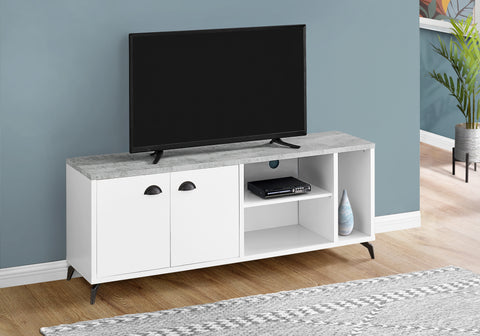 Tv Stand, 60 Inch, Console, Media Entertainment Center, Storage Cabinet, Living Room, Bedroom, White And Grey Laminate, Black Metal, Contemporary, Modern