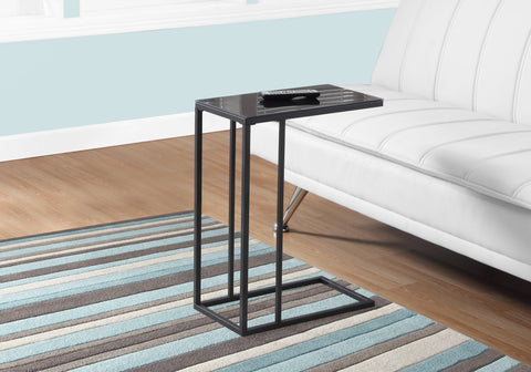 Accent Table, C-shaped, End, Side, Snack, Living Room, Bedroom, Black Tempered Glass, Black Metal, Contemporary, Modern