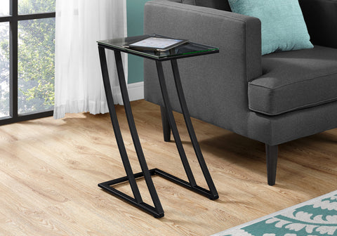 Accent Table, C-shaped, End, Side, Snack, Living Room, Bedroom, Tempered Glass, Black Metal, Contemporary, Modern