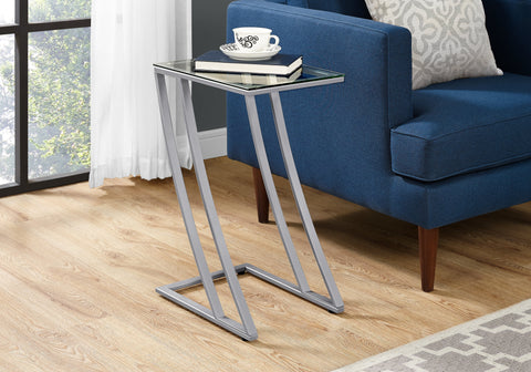 Accent Table, C-shaped, End, Side, Snack, Living Room, Bedroom, Tempered Glass, Grey Metal, Contemporary, Modern