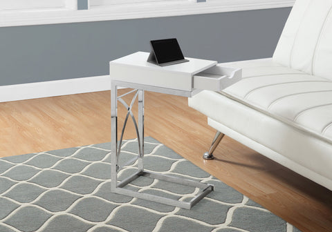 Accent Table, C-shaped, End, Side, Snack, Storage Drawer, Living Room, Bedroom, Glossy White Laminate, Chrome Metal, Contemporary, Modern