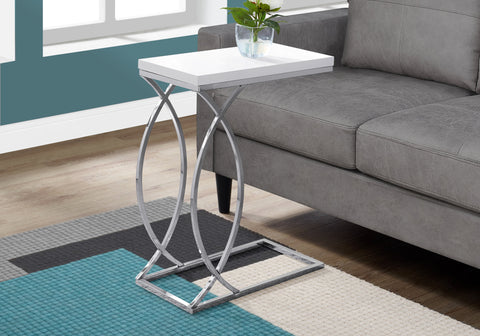 Accent Table, C-shaped, End, Side, Snack, Living Room, Bedroom, Glossy White Laminate, Chrome Metal, Contemporary, Modern