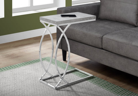 Accent Table, C-shaped, End, Side, Snack, Living Room, Bedroom, Grey Laminate, Chrome Metal, Contemporary, Modern