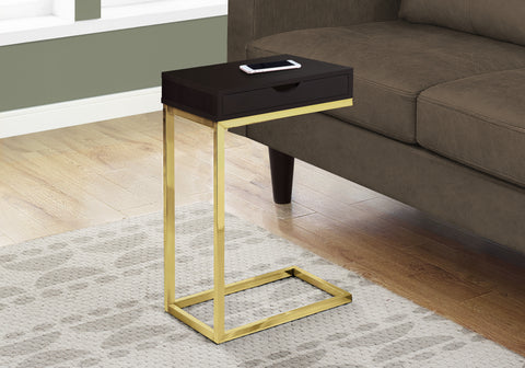 Accent Table, C-shaped, End, Side, Snack, Storage Drawer, Living Room, Bedroom, Brown Laminate, Gold Metal, Contemporary, Modern
