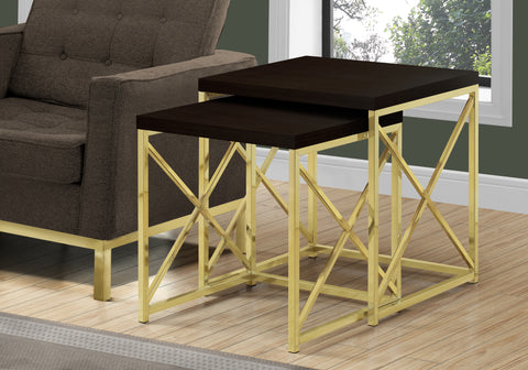 Nesting Table, Set Of 2, Side, End, Metal, Accent, Living Room, Bedroom, Brown Laminate, Gold Metal, Contemporary, Modern
