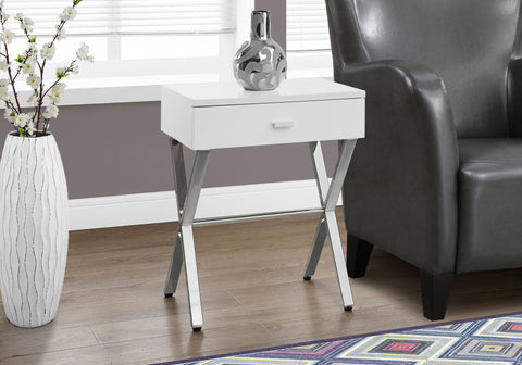Accent Table, Side, End, Nightstand, Lamp, Storage Drawer, Living Room, Bedroom, Glossy White Laminate, Chrome Metal, Contemporary, Modern