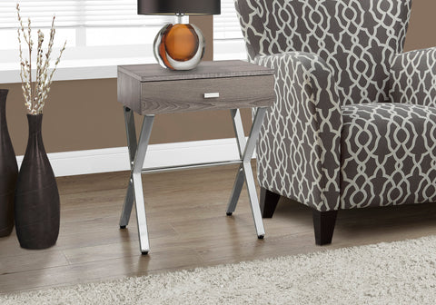 Accent Table, Side, End, Nightstand, Lamp, Storage Drawer, Living Room, Bedroom, Brown Laminate, Chrome Metal, Contemporary, Modern