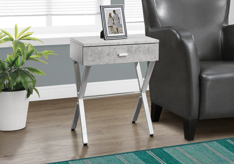 Accent Table, Side, End, Nightstand, Lamp, Storage Drawer, Living Room, Bedroom, Grey Laminate, Chrome Metal, Contemporary, Modern