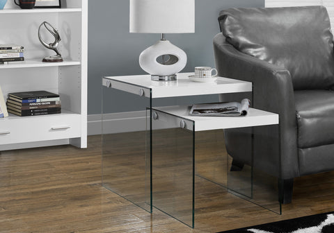 Nesting Table, Set Of 2, Side, End, Accent, Living Room, Bedroom, Glossy White Laminate, Clear Tempered Glass, Contemporary, Modern