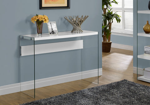 Accent Table, Console, Entryway, Narrow, Sofa, Living Room, Bedroom, Glossy White Laminate, Clear Tempered Glass, Contemporary, Modern