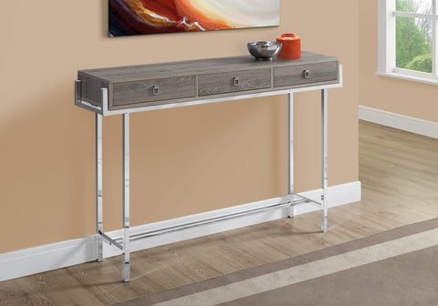Accent Table, Console, Entryway, Narrow, Sofa, Storage Drawer, Living Room, Bedroom, Brown Laminate, Chrome Metal, Contemporary, Modern