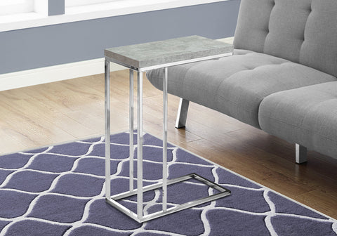 Accent Table, C-shaped, End, Side, Snack, Living Room, Bedroom, Grey Laminate, Chrome Metal, Contemporary, Modern