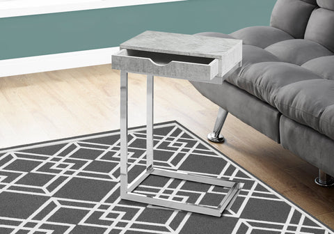 Accent Table, C-shaped, End, Side, Snack, Storage Drawer, Living Room, Bedroom, Grey Laminate, Chrome Metal, Contemporary, Modern