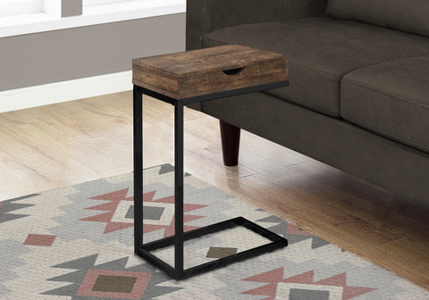 Accent Table, C-shaped, End, Side, Snack, Storage Drawer, Living Room, Bedroom, Brown Laminate, Black Metal, Contemporary, Modern