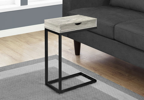 Accent Table, C-shaped, End, Side, Snack, Storage Drawer, Living Room, Bedroom, Grey Laminate, Black Metal, Contemporary, Modern