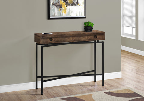 Accent Table, Console, Entryway, Narrow, Sofa, Storage Drawer, Living Room, Bedroom, Brown Laminate, Black Metal, Contemporary, Modern