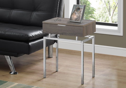 Accent Table, Side, End, Nightstand, Lamp, Storage Drawer, Living Room, Bedroom, Brown Laminate, Chrome Metal, Contemporary, Modern