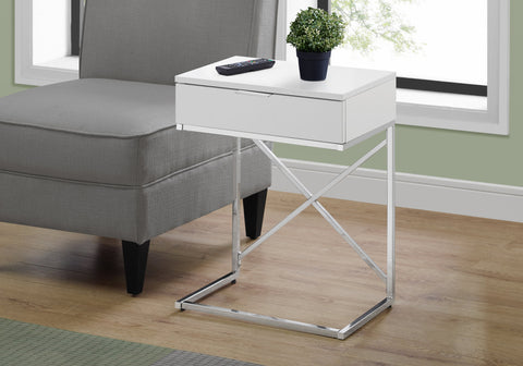 Accent Table, Side, End, Nightstand, Lamp, Storage Drawer, Living Room, Bedroom, Glossy White Laminate, Chrome Metal, Contemporary, Modern