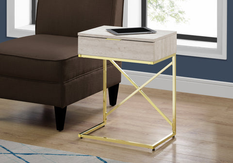 Accent Table, Side, End, Nightstand, Lamp, Storage Drawer, Living Room, Bedroom, Beige Marble Look Laminate, Gold Metal, Contemporary, Modern