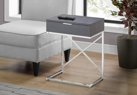 Accent Table, Side, End, Nightstand, Lamp, Storage Drawer, Living Room, Bedroom, Grey Laminate, Chrome Metal, Contemporary, Modern