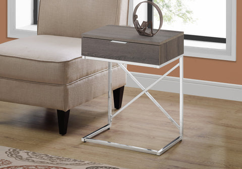 Accent Table, Side, End, Nightstand, Lamp, Storage Drawer, Living Room, Bedroom, Brown Laminate, Chrome Metal, Contemporary, Modern