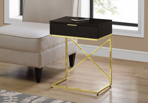 Accent Table, Side, End, Nightstand, Lamp, Storage Drawer, Living Room, Bedroom, Brown Laminate, Gold Metal, Contemporary, Modern
