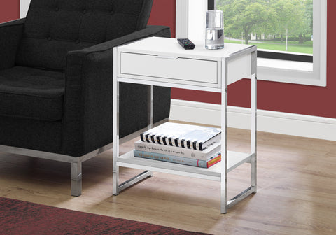 Accent Table, Side, End, Nightstand, Lamp, Storage Drawer, Living Room, Bedroom, Glossy White Laminate, Chrome Metal, Contemporary, Modern