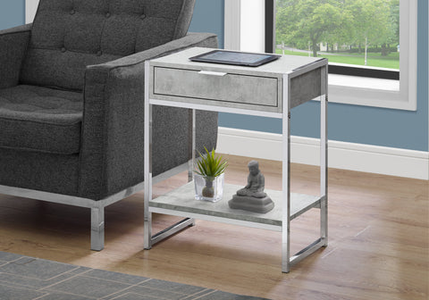 Accent Table, Side, End, Nightstand, Lamp, Storage Drawer, Living Room, Bedroom, Grey Laminate, Chrome Metal, Contemporary, Modern