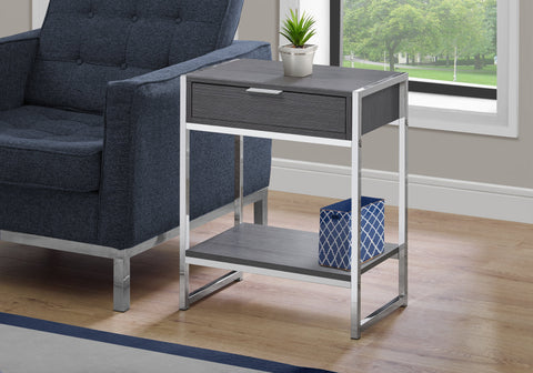 Accent Table, Side, End, Nightstand, Lamp, Storage Drawer, Living Room, Bedroom, Grey Laminate, Chrome Metal, Contemporary, Modern
