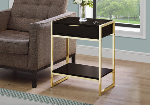Accent Table, Side, End, Nightstand, Lamp, Storage Drawer, Living Room, Bedroom, Brown Laminate, Gold Metal, Contemporary, Modern