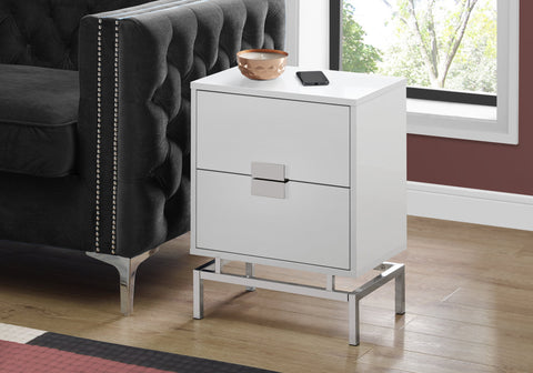 Accent Table, Side, End, Nightstand, Lamp, Storage Drawer, Living Room, Bedroom, Glossy White Laminate, Chrome Metal, Contemporary, Modern