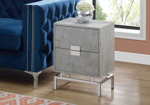 Accent Table, Side, End, Nightstand, Lamp, Storage Drawer, Living Room, Bedroom, Grey Laminate, Chrome Metal, Contemporary, Modern