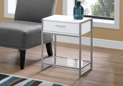 Accent Table, Side, End, Nightstand, Lamp, Storage Drawer, Living Room, Bedroom, White Laminate, Grey Metal, Contemporary, Modern