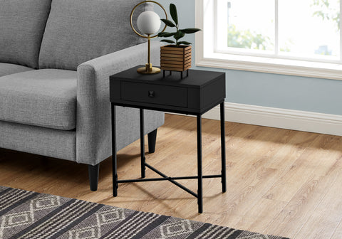 Accent Table, Side, End, Nightstand, Lamp, Storage Drawer, Living Room, Bedroom, Black Laminate, Black Metal, Contemporary, Modern