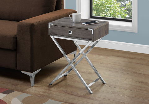 Accent Table, Side, End, Nightstand, Lamp, Storage Drawer, Living Room, Bedroom, Brown Laminate, Chrome Metal, Contemporary, Modern