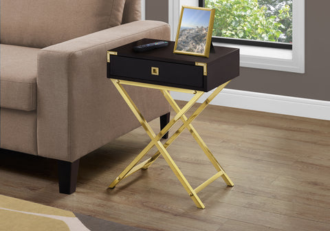 Accent Table, Side, End, Nightstand, Lamp, Storage Drawer, Living Room, Bedroom, Brown Laminate, Gold Metal, Contemporary, Modern