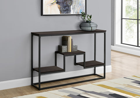 Accent Table, Console, Entryway, Narrow, Sofa, Living Room, Bedroom, Brown Laminate, Black Metal, Contemporary, Modern