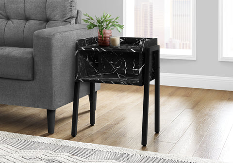 Accent Table, Side, End, Nightstand, Lamp, Living Room, Bedroom, Black Marble Look Laminate, Black Metal, Contemporary, Modern