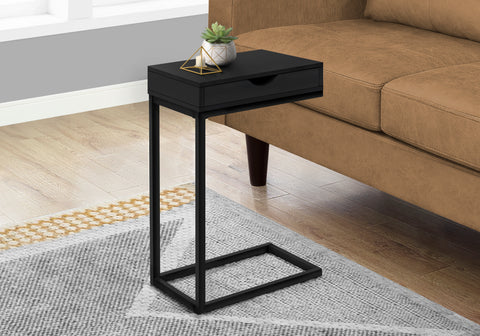 Accent Table, C-shaped, End, Side, Snack, Storage Drawer, Living Room, Bedroom, Black Laminate, Black Metal, Contemporary, Modern