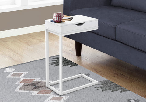 Accent Table, C-shaped, End, Side, Snack, Storage Drawer, Living Room, Bedroom, White Laminate, White Metal, Contemporary, Modern