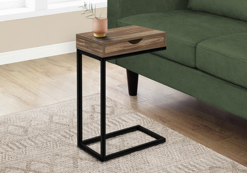 Accent Table, C-shaped, End, Side, Snack, Storage Drawer, Living Room, Bedroom, Brown Laminate, Black Metal, Contemporary, Modern