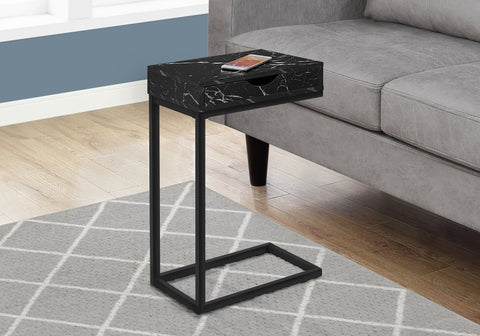 Accent Table, C-shaped, End, Side, Snack, Storage Drawer, Living Room, Bedroom, Black Marble Look Laminate, Black Metal, Contemporary, Modern